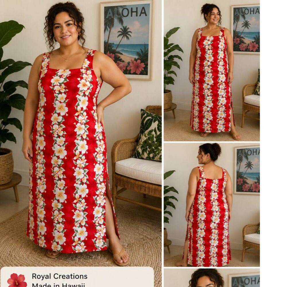 Vintage Y2K Royal Creations Made in Hawaii Red Hibiscus Floral Maxi Dress 3XL